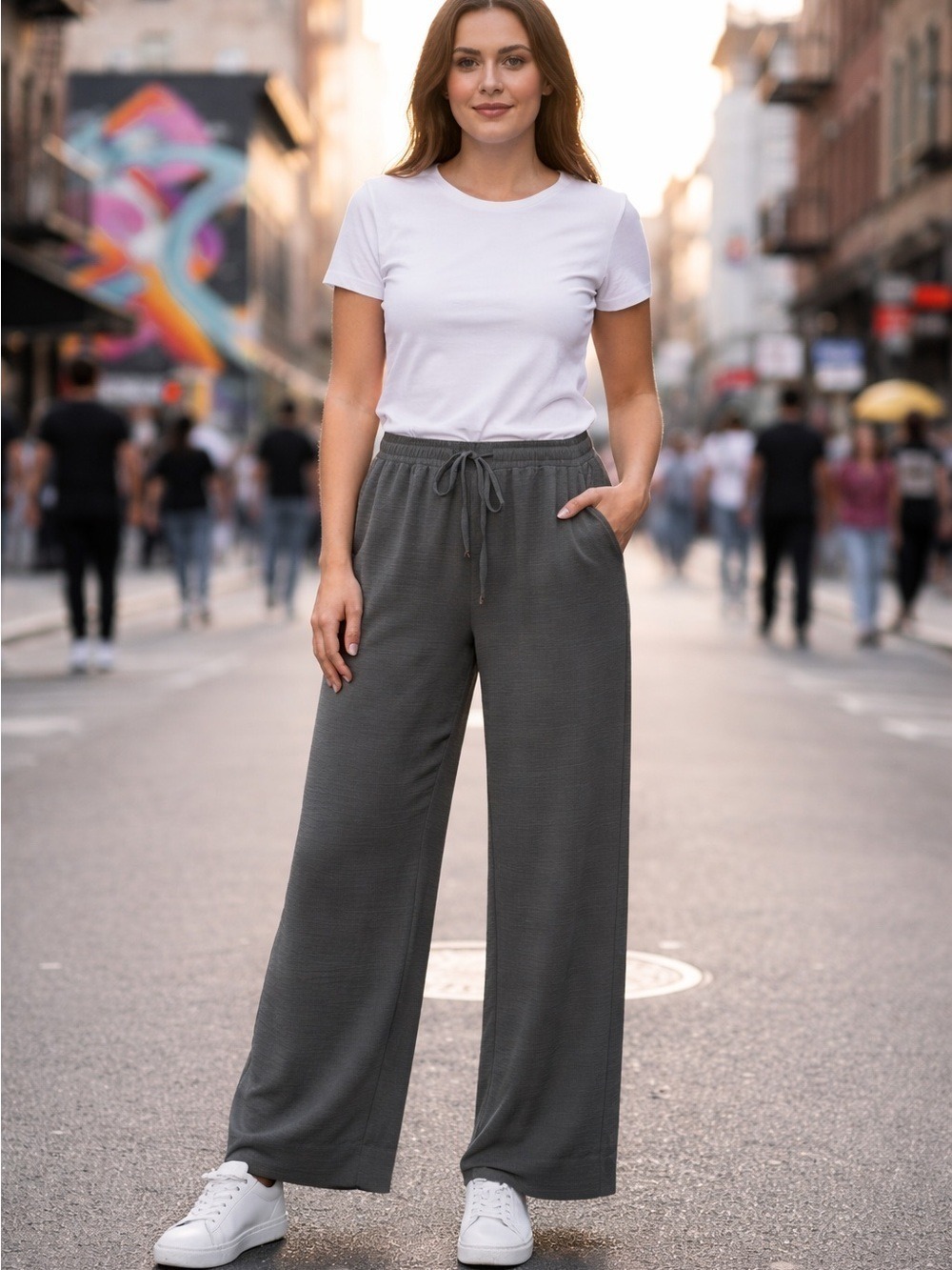 Autres Filles grey drawstring flowy wide leg pants size large